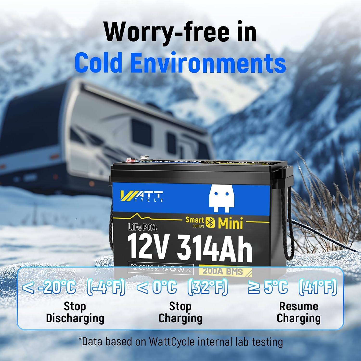 WattCycle 12V 314Ah Mini LiFePO4 Lithium Battery with Bluetooth 5.0, 200A BMS, 4.01kWh Energy, Low-Temp Protection, 10+ Years Lifespan, for RV, Marine, Camping, Solar Off-Grid