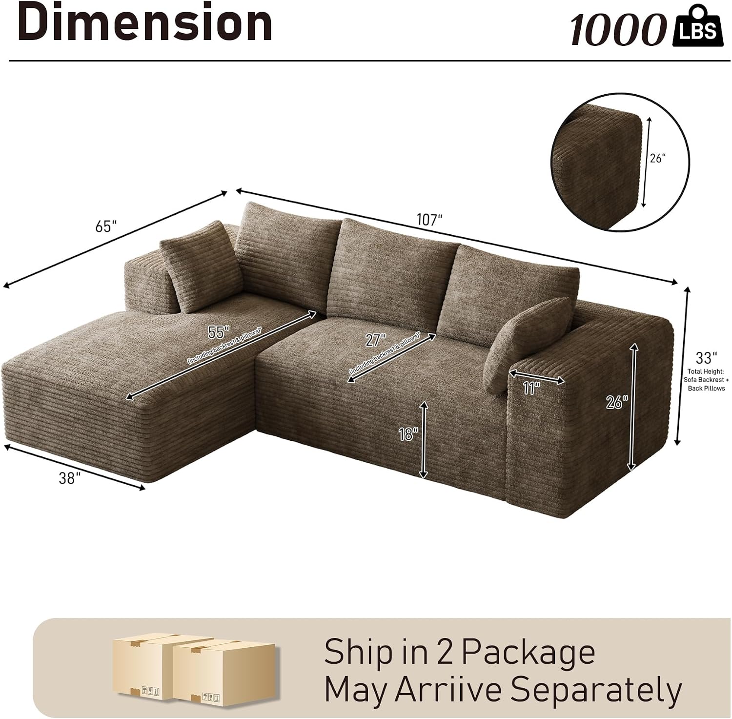 107' L-Shaped Boneless Sectional Couches for Living Room, Comfy Corduroy Fluffy Cloud Couch, Deep Seat Memory Foam Plush Modular Sectional Sofa with Left-Facing Chaise, No Assembly, Brown