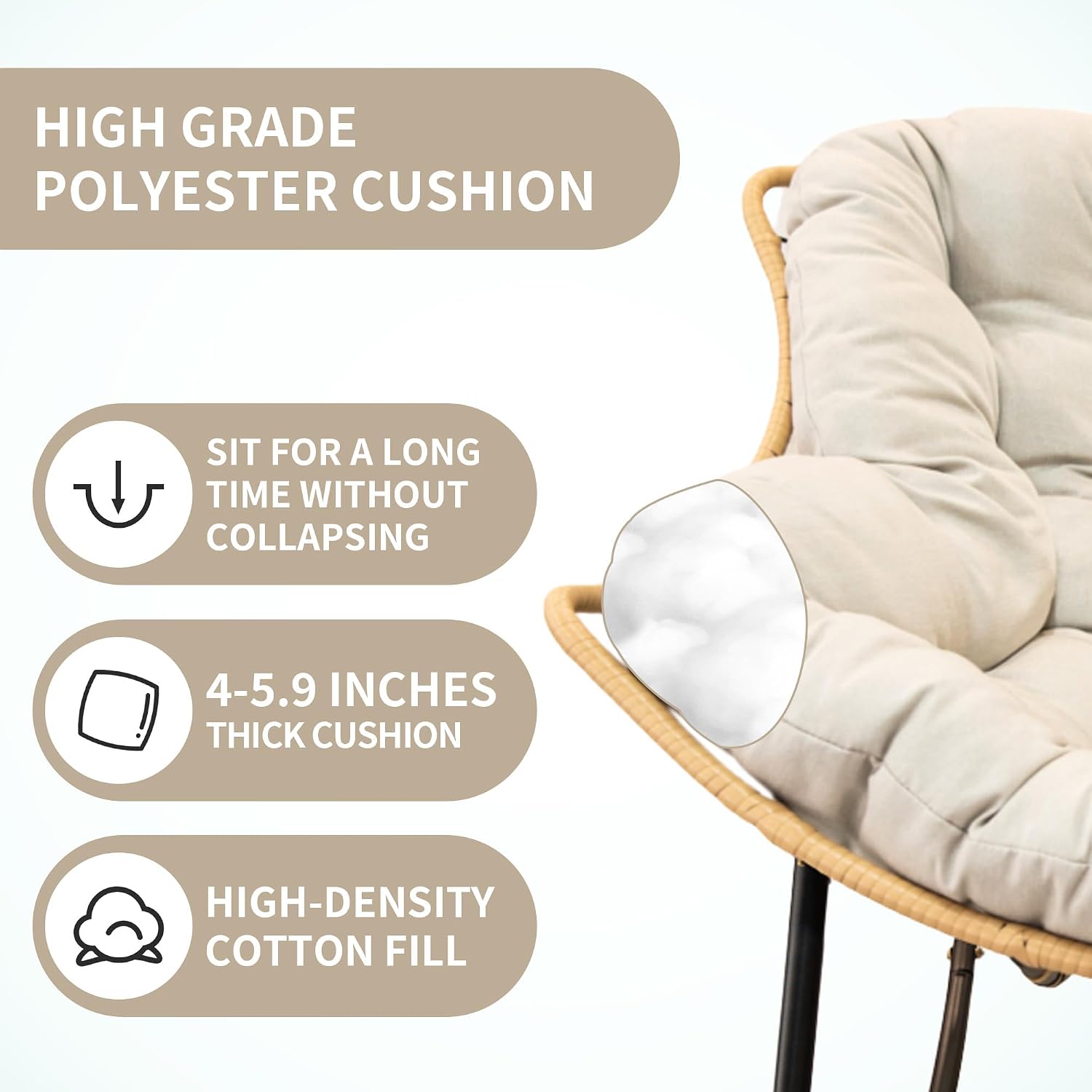 Outdoor Rocking Chair, Patio Egg Rocking Chair, Indoor Papasan Chair, Rattan Wicker Lounge Chair, Modern Royal Chair for Bedroom, Living Room, Porch, Garden,Lawn (41.3' Beige)