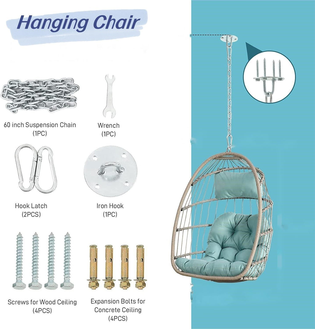 Hanging Egg Swing Chair Outdoor Wicker Hammock Egg Chairs Indoor Without Stand Water-Resistant Tufted Swing Basket Chairs Egg Chairs with UV Resistant Cushions for Bedroom Balcony Garden Patio