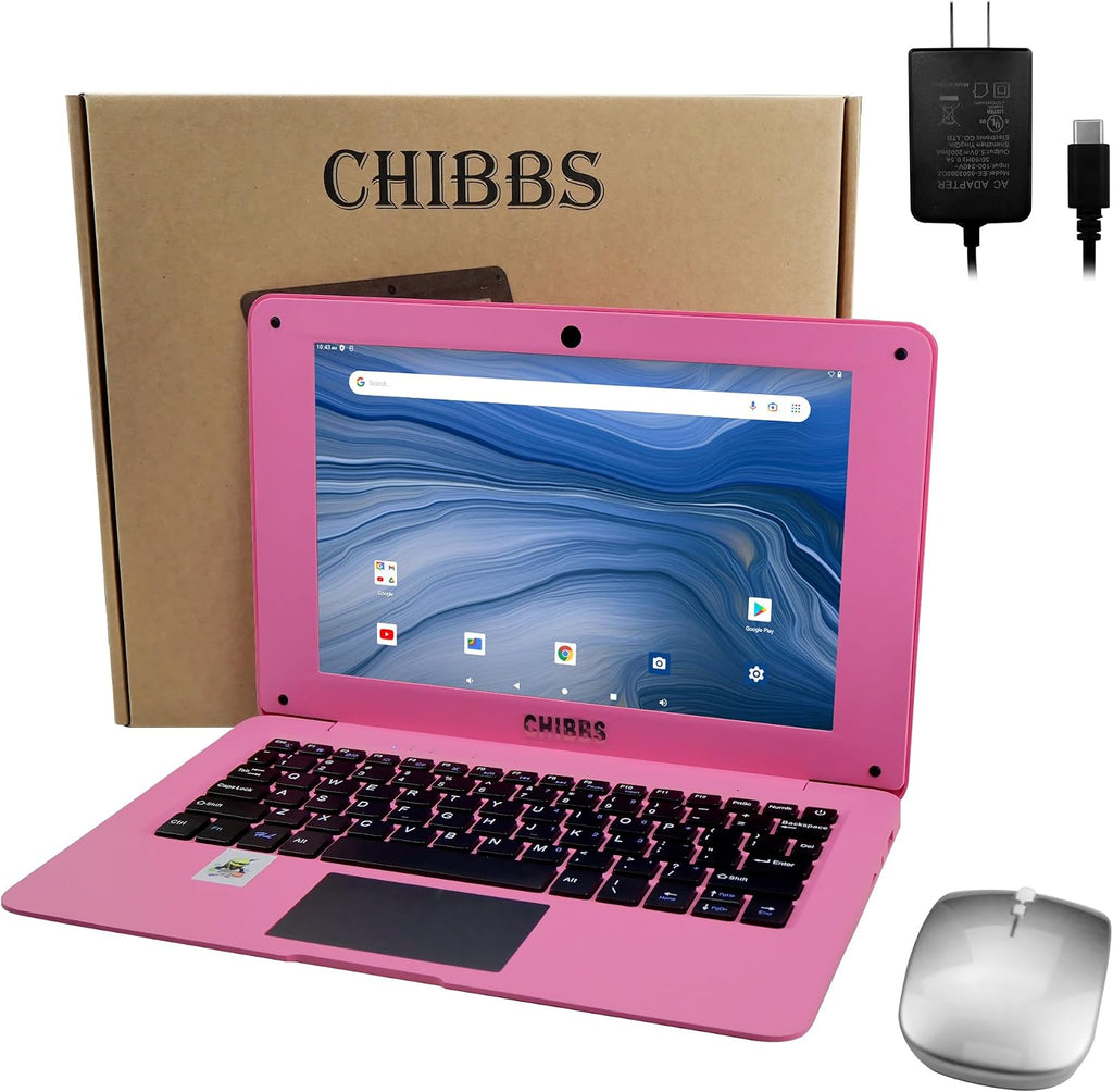 CHIBBS 10.1' Inch Kids Laptop Computer, Netbook Powered by Android 12.0, Quad Core Processor, 2gb Ram + 64gb ROM, Camera, 2* USB, Bluetooth, Wi-Fi- Pink