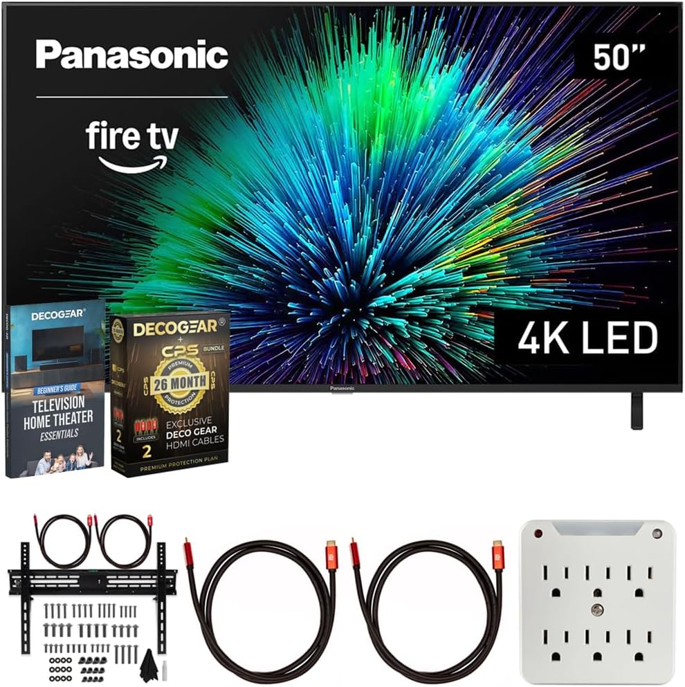 Panasonic TV-50W70BP W70 Series 50 inch LED 4K Ultra HD Smart Fire TV Bundle with 2X HDMI 2.0 Cable, TV Wall Mount, 6-Outlet Surge Adapter, Theater Essentials and Exclusive 26 Month Protection Pack