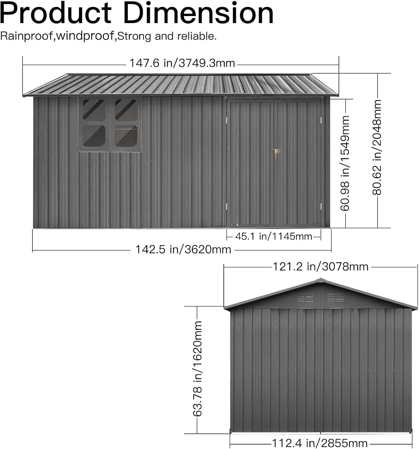 10x12 FT Outdoor Storage Shed, Large Metal Garden Shed with 4-pane Window, Outside Tool Shed with Lockable Hinged Doors & 4 Air Vents, Waterproof Storage Building for Backyard, Patio, Lawn, Gray
