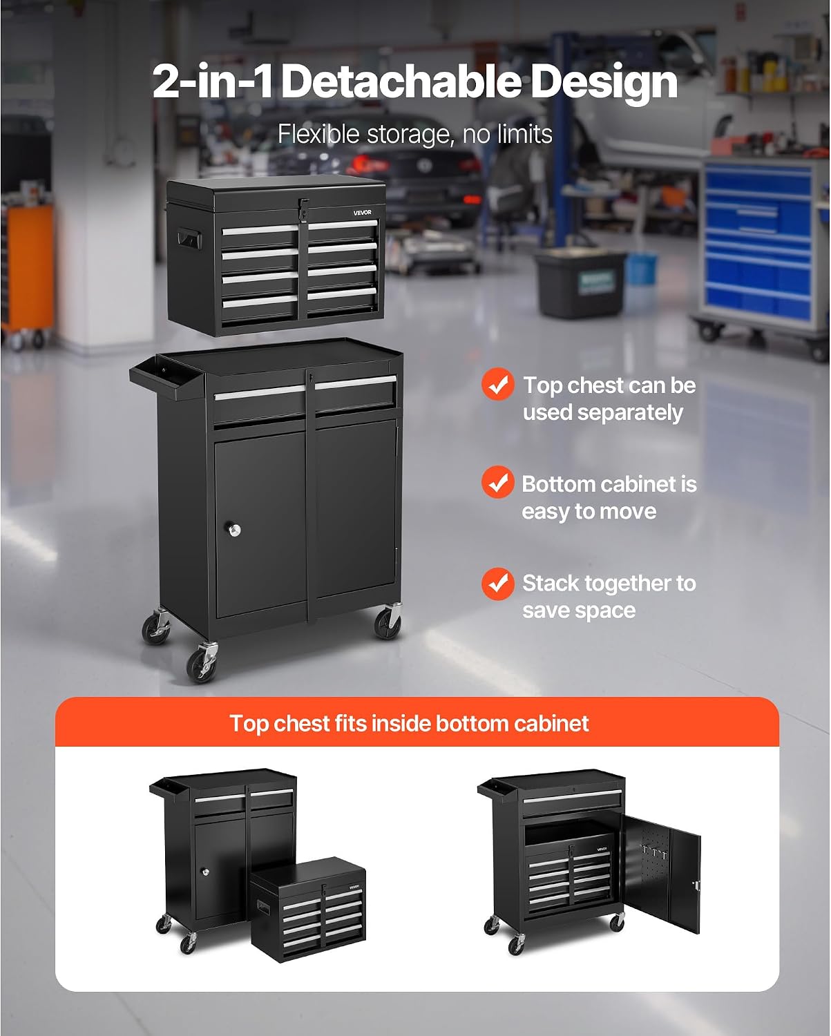 VEVOR Rolling Tool Chest, 2-in-1 Design, 5 Drawers Tool Cabinet Organizer with Detachable Top Metal Toolbox, Lock Bar, Protective Liner, and Tools Rack, Garage Storage Cabinet for Warehouse, Workshop