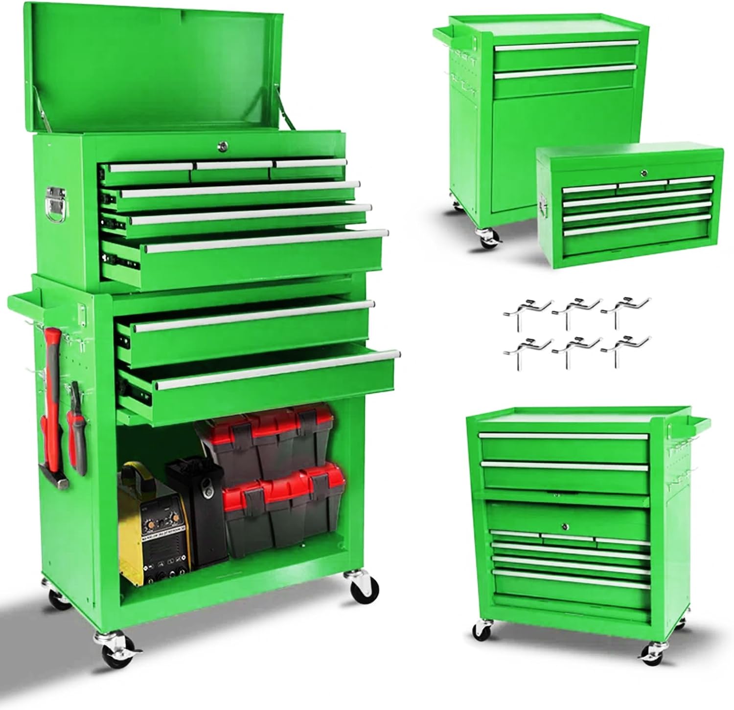 8-Drawer Rolling Tool Chest with Detachable Top Tool Box, Lockable Metal Tool Cabinet, and Liner, Heavy-Duty Storage Organizer with Wheels and 6 Hooks for Garage, Workshop, Green