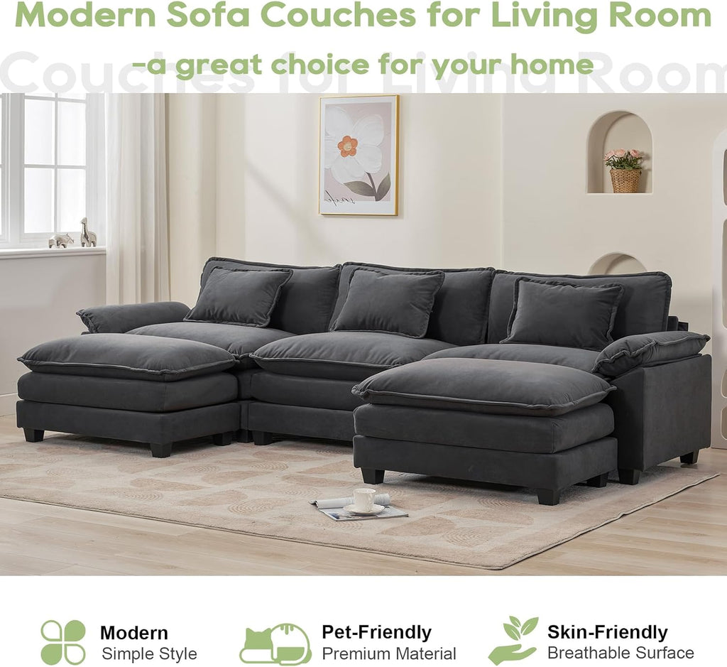 Oprisen 120' Modular Sectional Sofa, Comfy Cloud Couch Sectional Sofa with Ottoman, Chenille Sofa Sleeper Deep Seat Sofa with Throw Pillows for Living Room (Blue Gray, 120'- U Shape)