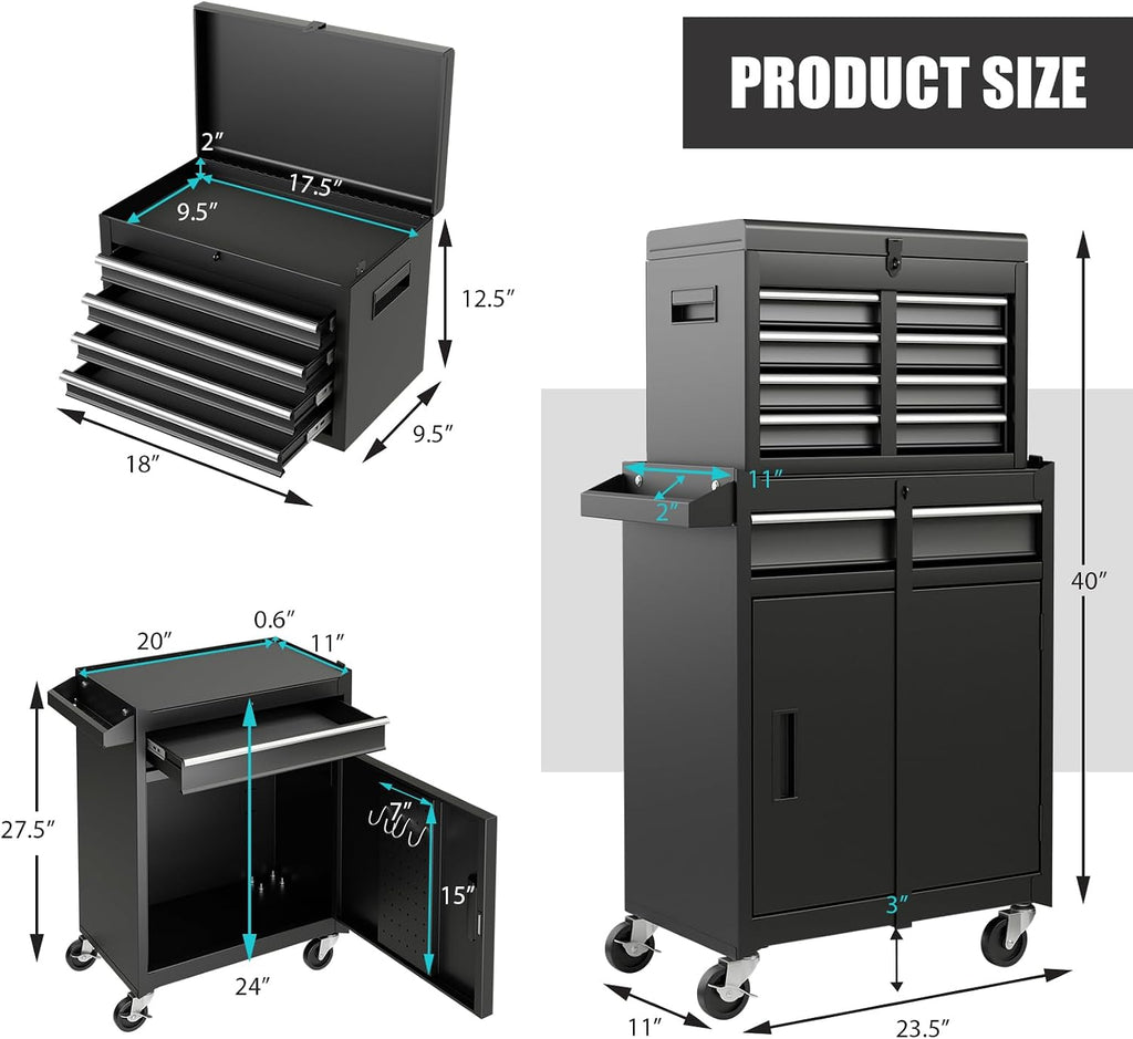 Goplus Tool Chest, 5-Drawer Rolling Tool Storage Cabinet with Detachable Top Tool Box, Liner, Universal Lockable Wheels, Adjustable Shelf, Locking Mechanism, Metal Tool Cart for Garage Workshop