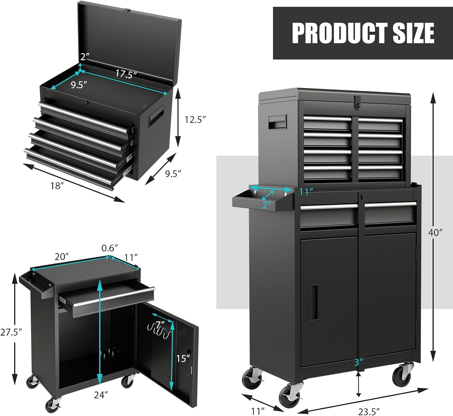 Goplus Tool Chest, 5-Drawer Rolling Tool Storage Cabinet with Detachable Top Tool Box, Liner, Universal Lockable Wheels, Adjustable Shelf, Locking Mechanism, Metal Tool Cart for Garage Workshop