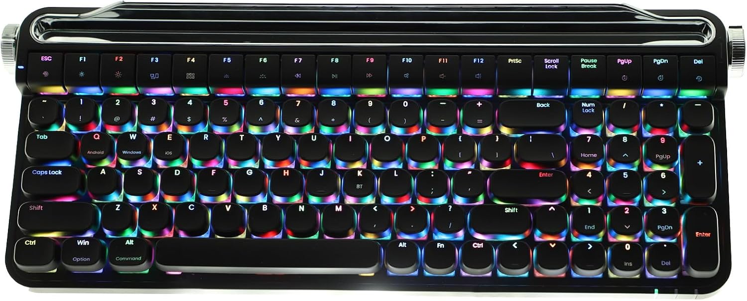 Retro Typewriter Mechanical Keyboard with Tablet Stand, 100 Keys LED Backlit, ABS+PBT Keycaps, Wired/Bluetooth, Blue Switch, Compatible with Windows/Mac/iOS/Android (Black)
