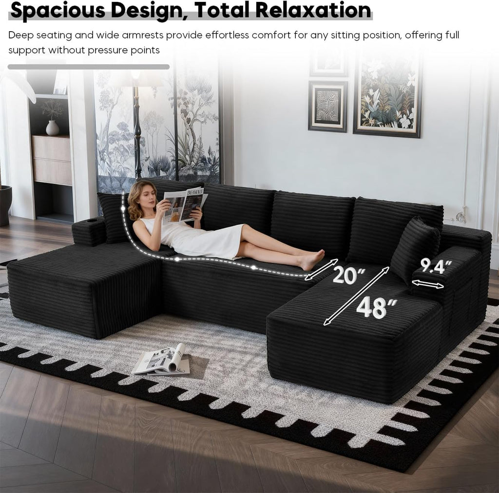 133' Oversized Cloud Boneless Couch with Chaise, Modern Modular Sofa with Deep Seat, Corduroy Upholstered U Shaped Couch for Living Room, No Assembly Required (Black)