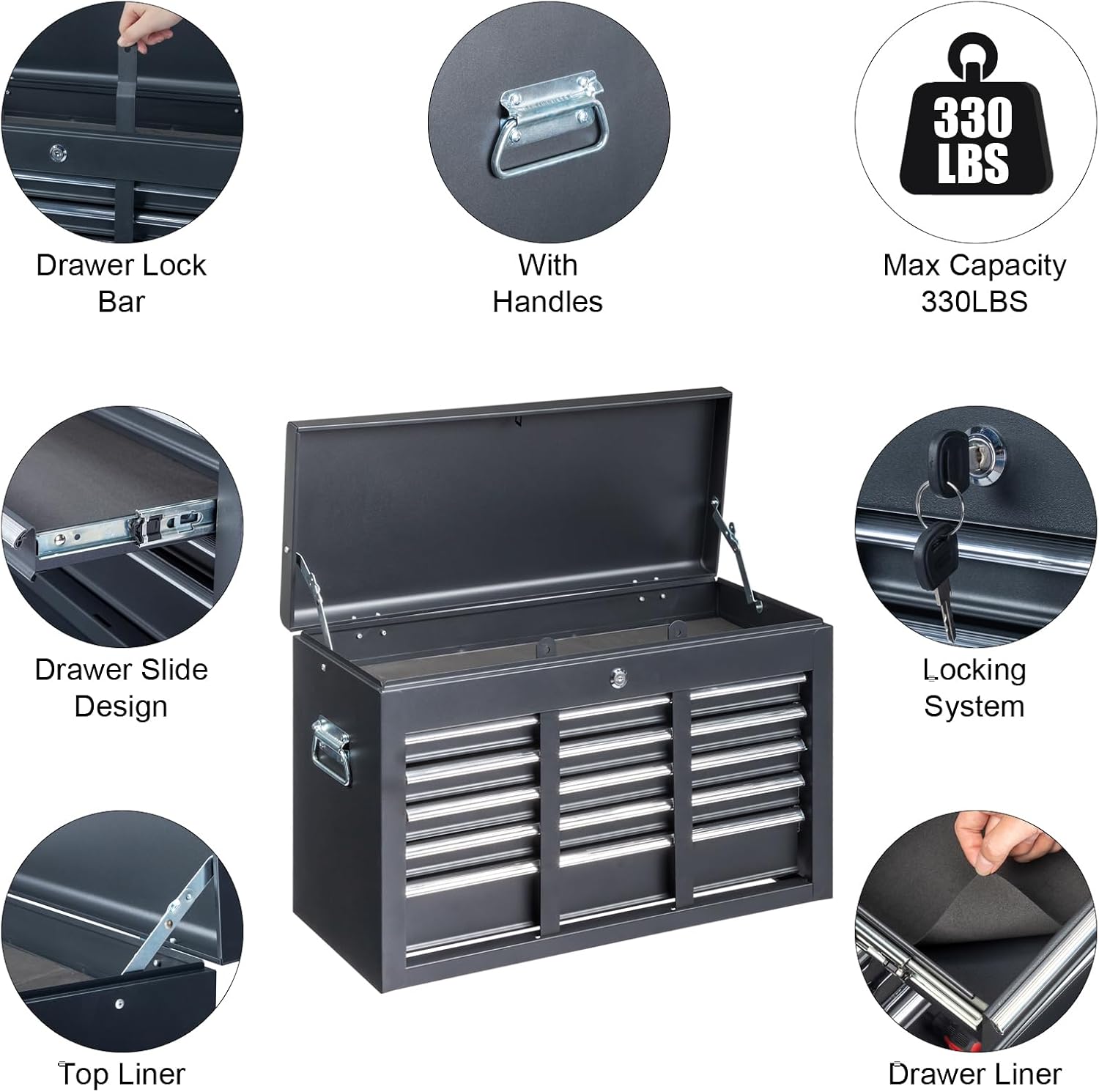 Winado 24' Portable Metal Tool Box, 5 Drawers Toolbox with Top Storage Tray, Carry Handle, Ball Bearing Runners, Lockable Tool Chest Cabinet for Garage, Warehouse, Repair Shop & Home, Black