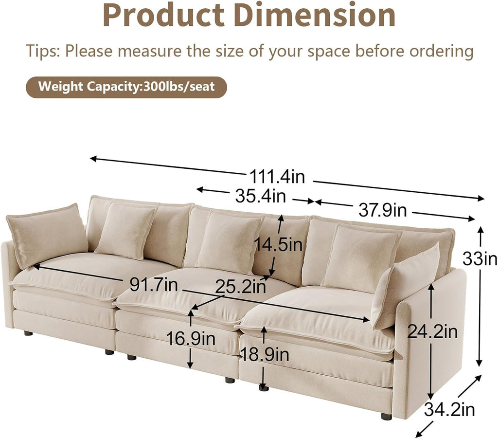 GNIXUU 111.5' Modern Cloud Sofa Couch, Chenille Comfy 3 Seat Sofa Couch with Pillows & Armrest for Living Room, Bedroom, Deep Seat Sofa(Camel)