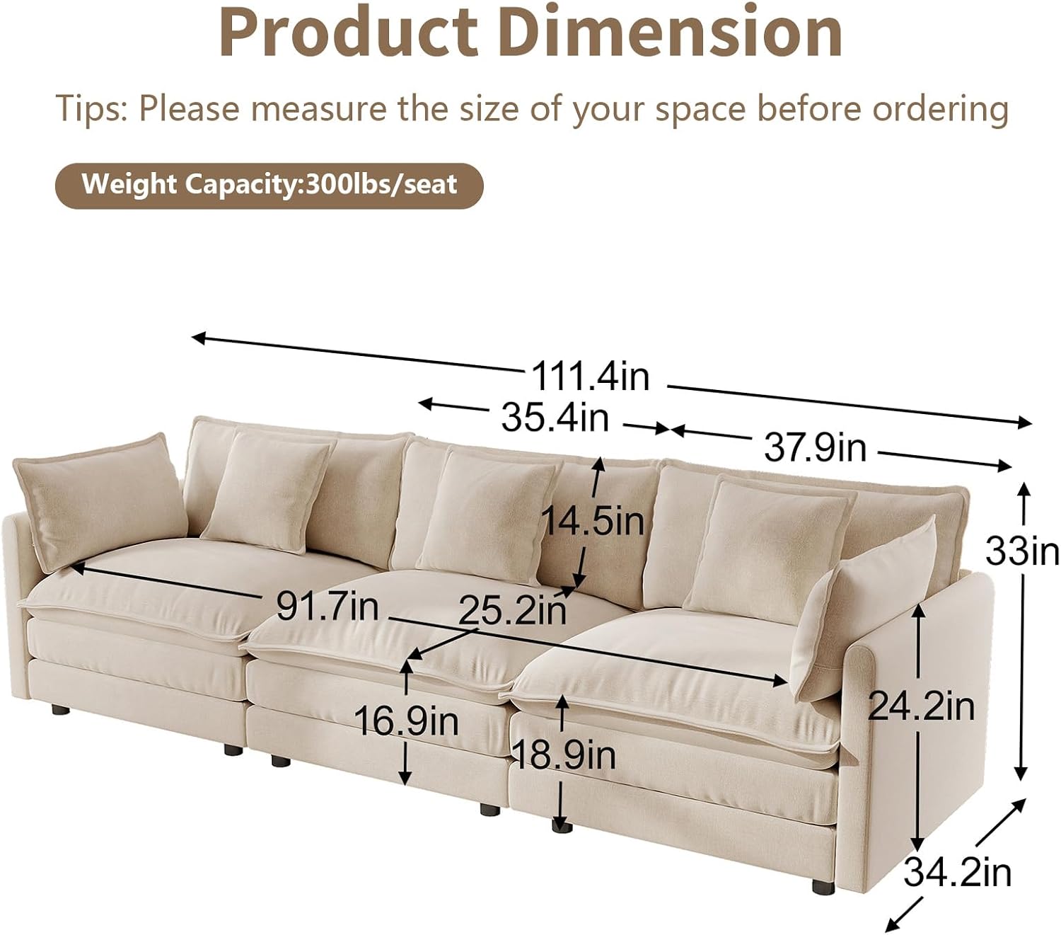 GNIXUU 111.5' Modern Cloud Sofa Couch, Chenille Comfy 3 Seat Sofa Couch with Pillows & Armrest for Living Room, Bedroom, Deep Seat Sofa(Camel)
