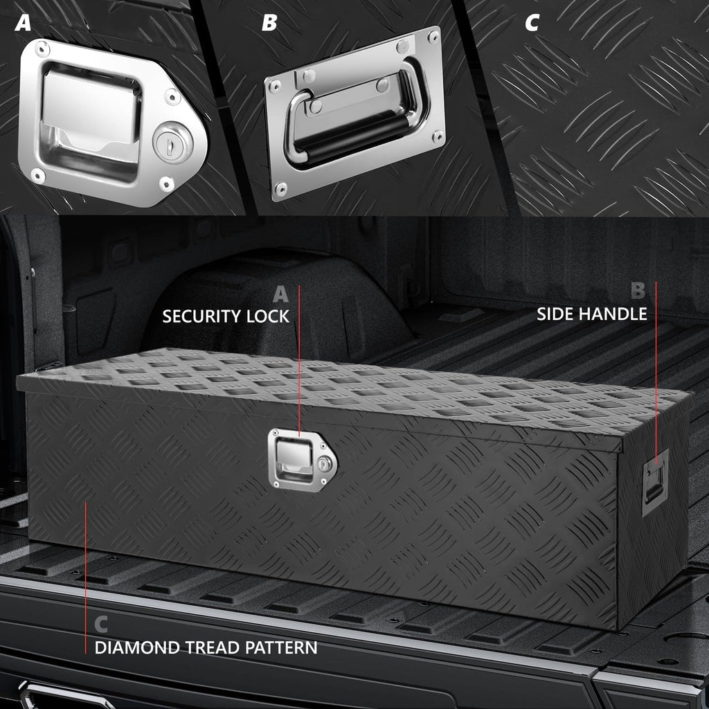 DNA MOTORING Aluminum Lockable Storage Box, Trailer Tongue & Truck Bed Tool Box w/Keys & Side Handle, Black Organizer w/Diamond Tread Pattern, 39'L x 13.3'W x 10'H, TBOX-T5-004-BK