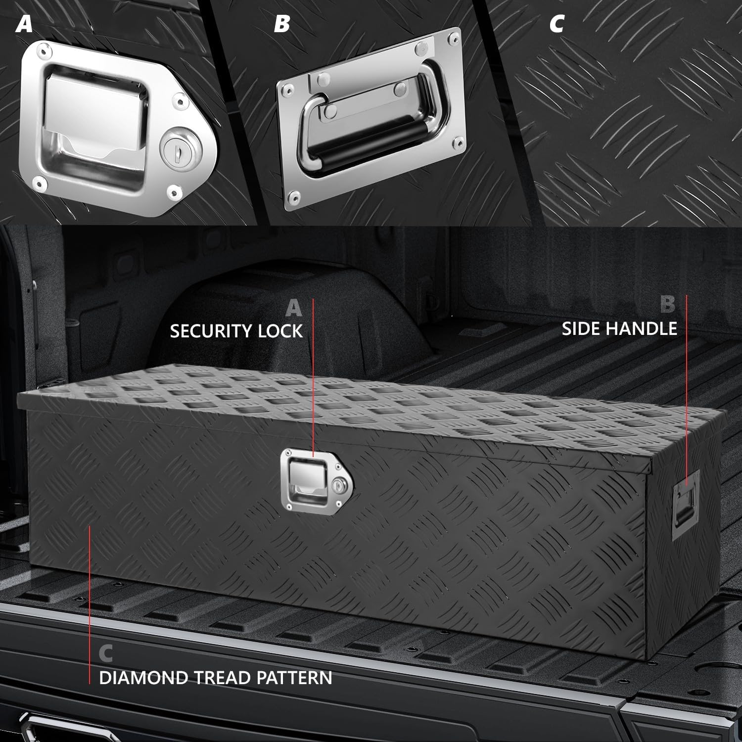DNA MOTORING Aluminum Lockable Storage Box, Trailer Tongue & Truck Bed Tool Box w/Keys & Side Handle, Black Organizer w/Diamond Tread Pattern, 39'L x 13.3'W x 10'H, TBOX-T5-004-BK