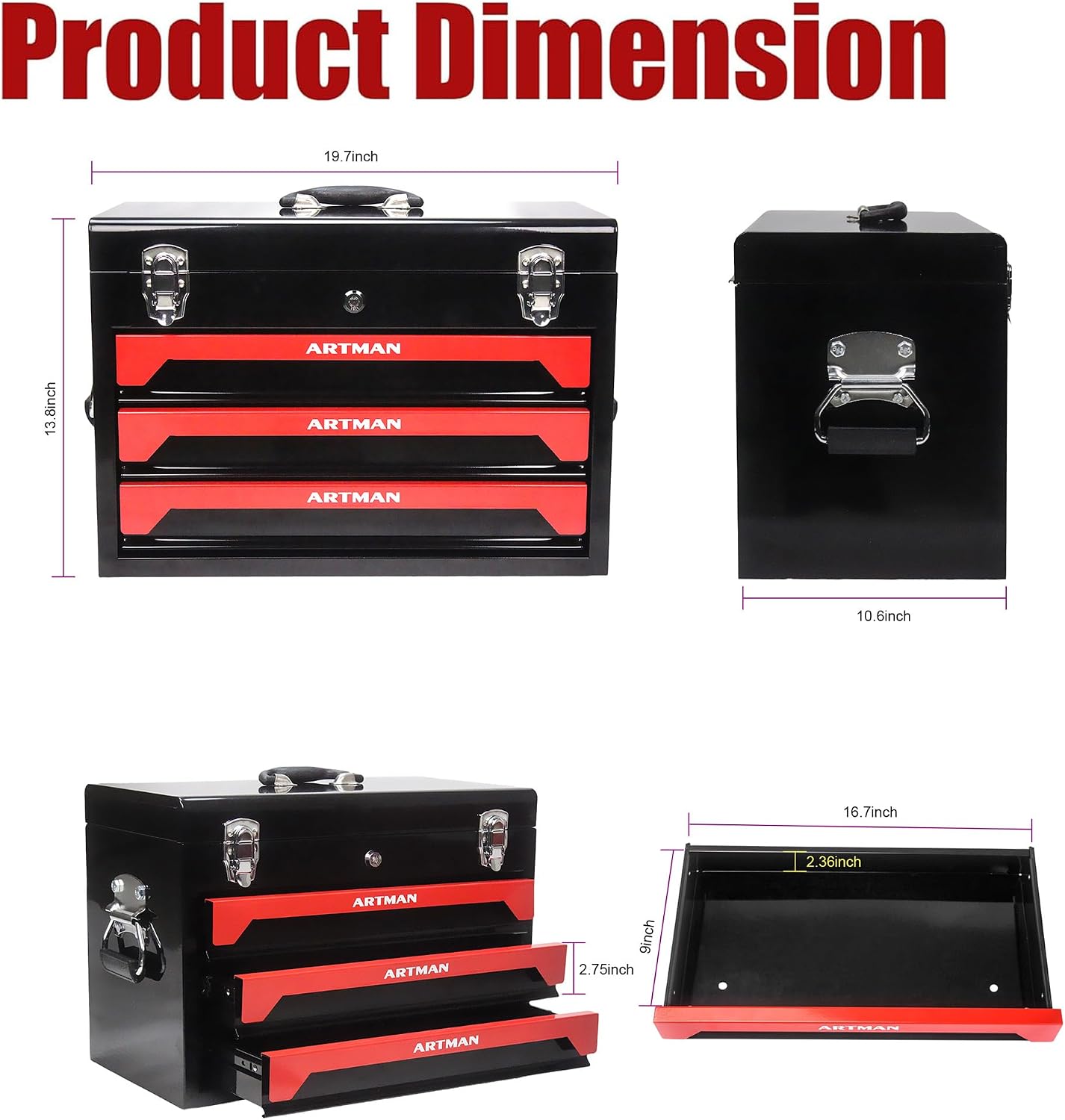 3 Drawers Metal Tool Box, 19' Heavy Duty Steel Tool Chest w/Key Lock & Handle, Multi-Function Top Storage Tray Toolbox w/Powder Coating & Ball Bearing Slides for Garage & Workshop(Black+Red)