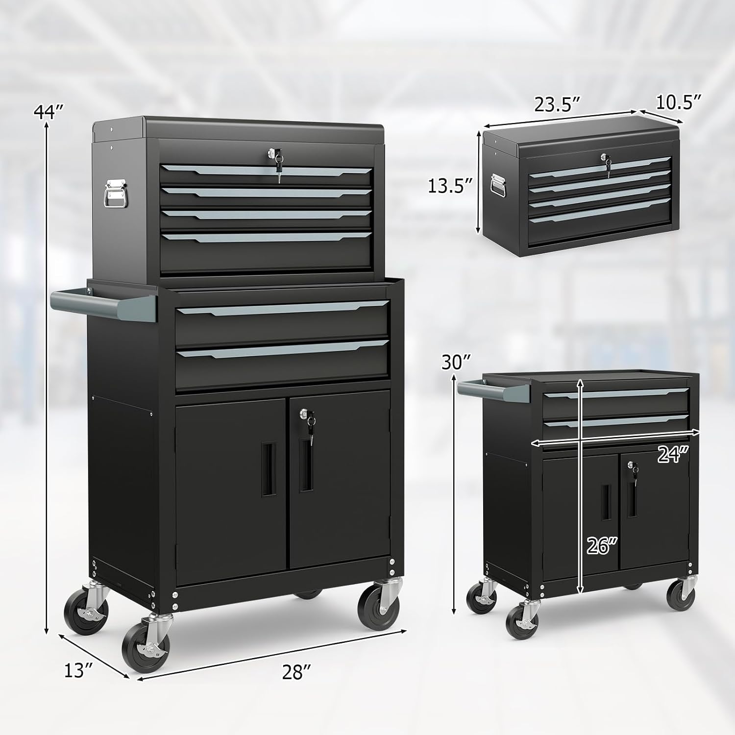 ERGOMASTER Large Rolling Tool-Chest with 6 Drawers Heavy Duty Tool-Cabinet on Wheels Lockable and Lock System for Garage Workshop(28 x 13 x 44'-Black)