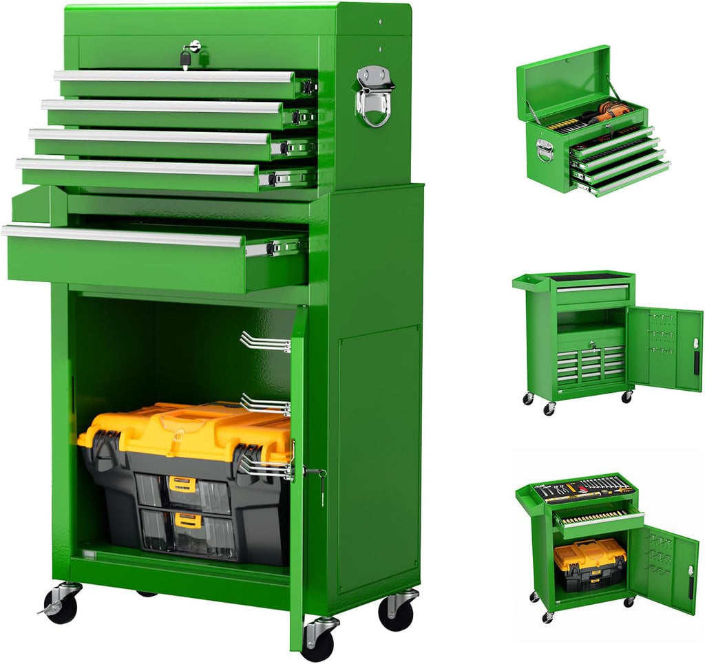Crownland 5-Drawer Rolling Tool Chest with Wheels, Lockable 2 in 1 Detachable Tool Cabinet wit Drawers and Black Liners, Garage Top Toolbox & Bottom Storage Cart with Side Hooks(Green)