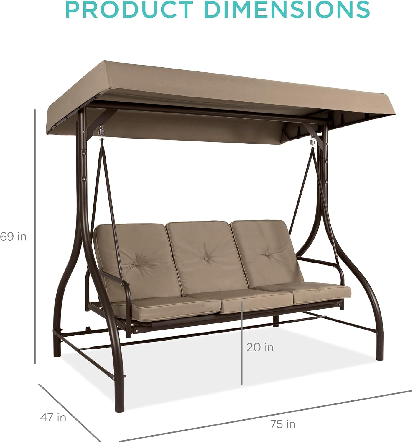 Best Choice Products 3-Seat Outdoor Large Converting Canopy Swing Glider, Patio Hammock Lounge Chair for Porch, Backyard w/Flatbed, Adjustable Shade, Removable Cushions - Desert Taupe