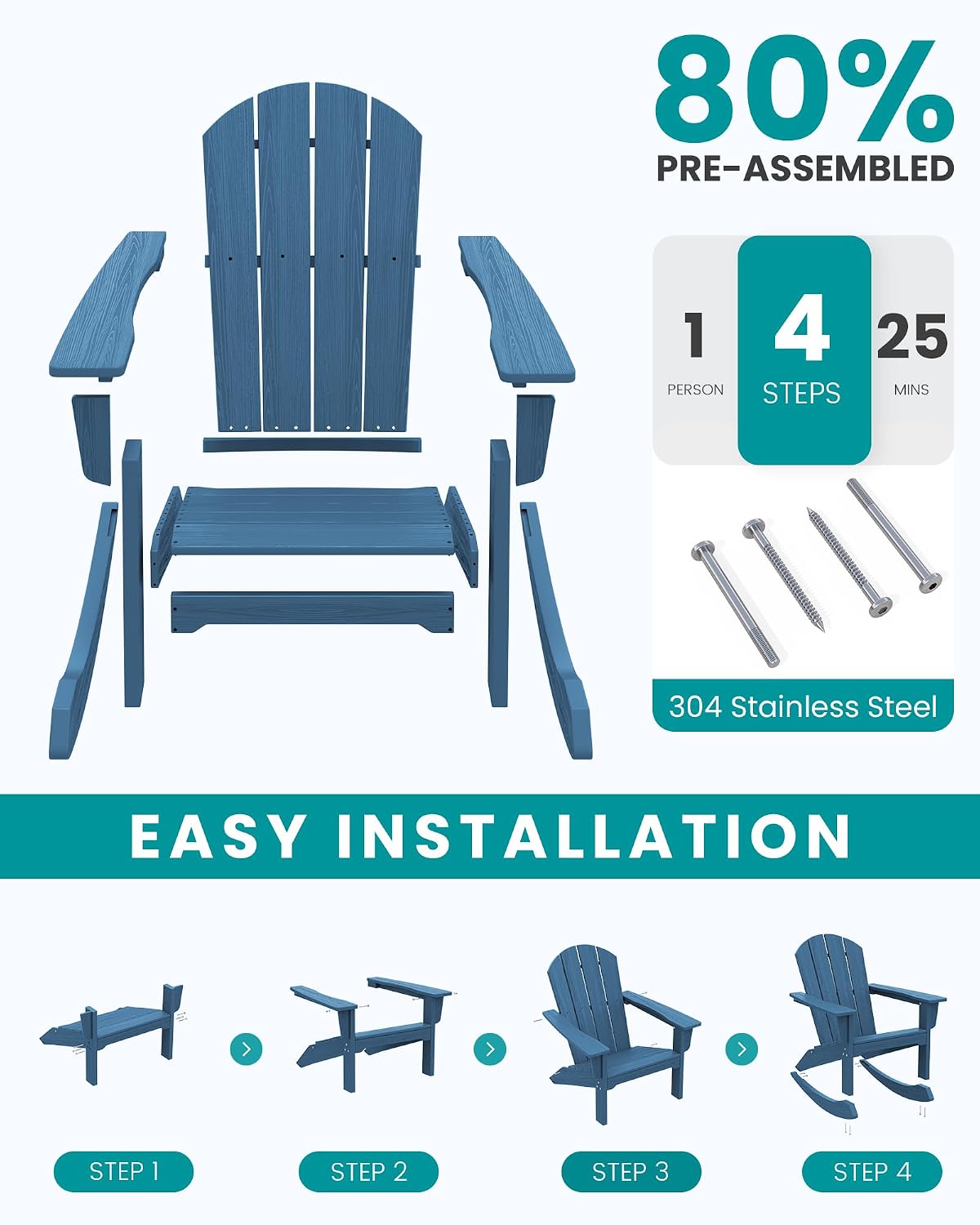 SERWALL Outdoor Adirondack Rocking Chairs Set of 2, All-Weather HDPE Adirondack Rocker Chair, Front Porch Rocker Chairs for Patio Lawn Porch Deck, Navy