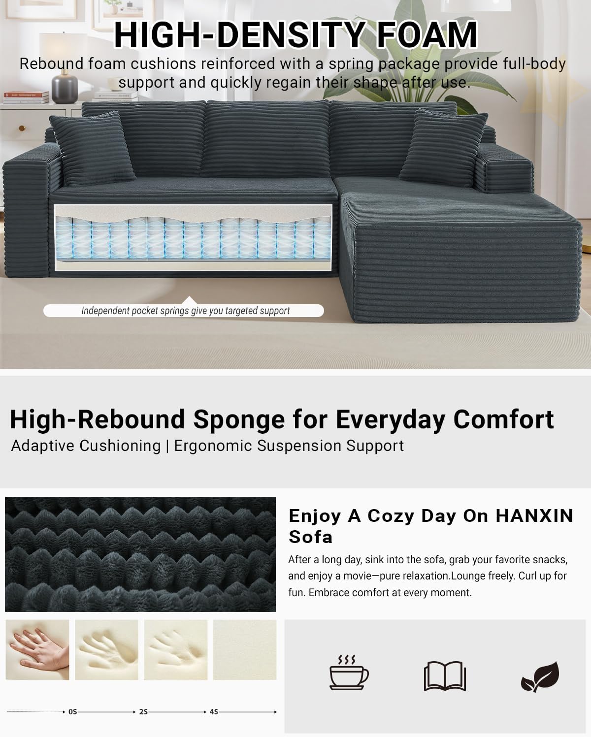 105 Inch Cloud Sectional Couch,Modern Modular Sectional Sofa with Deep Seat,Corduroy Boneless Couches with L-Shape Chaise for Living Room Bedroom,No Assembly Required (Dark Grey, Right Facing Chaise)