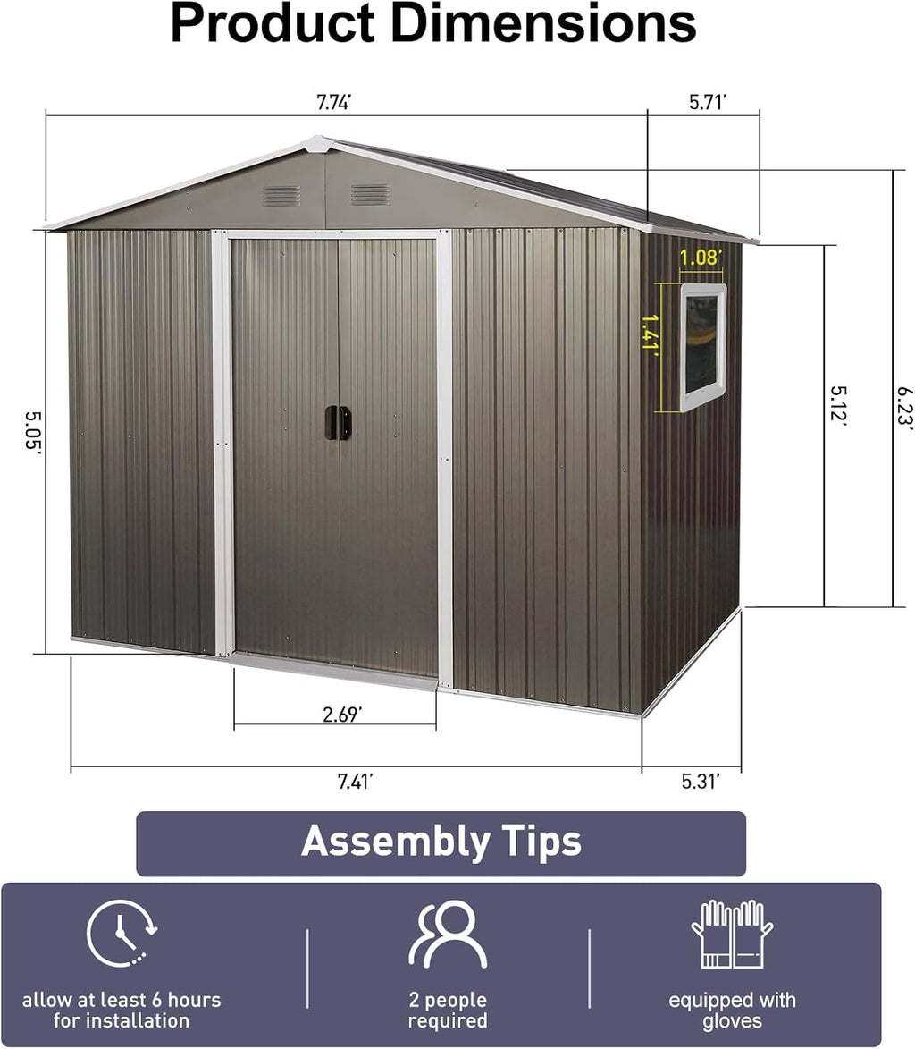 8x6 ft Outdoor Metal Storage Shed with Floor Foundation and Window, Lockable Galvanized Steel Tool Shed with Sliding Door and Air Vent, Waterproof Garden Storage House for Backyard, Patio