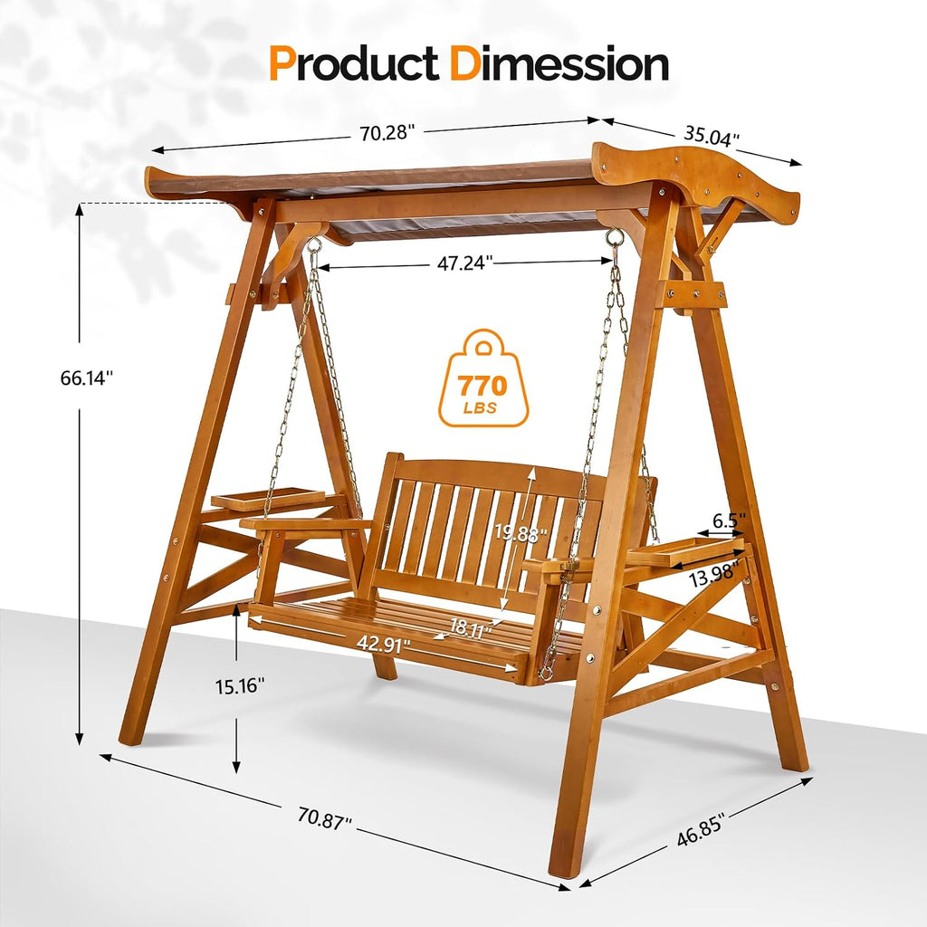 VINGLI Porch Swing with Stand, Porch Swing with Canopy, Waterproof Patio Swing with Cup Holder, Outdoor Swing Set for Garden, Yard, Patio, Teak
