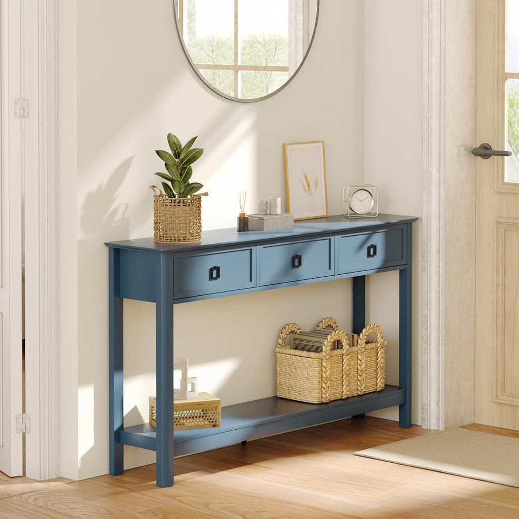 Treocho 53.1' Console Table with 3 Drawers, Modern Entryway Table, 2-Tier Narrow Long Sofa Table Behind Couch Table for Living Room, Hallway, Blue