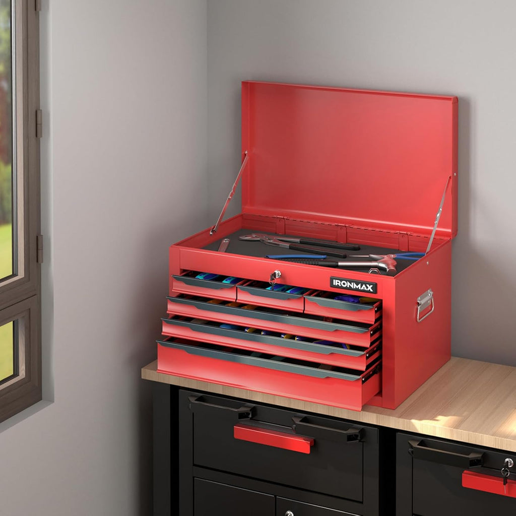 Goplus Tool Box, 24' Steel Tool Chest w/6 Drawers, Top Tool Tray,Automatic Lock, Protective Liners, Handle, Smooth Ball Bearing Sides, Portable Tool Storage Organizer, Toolbox for Garage Workshop