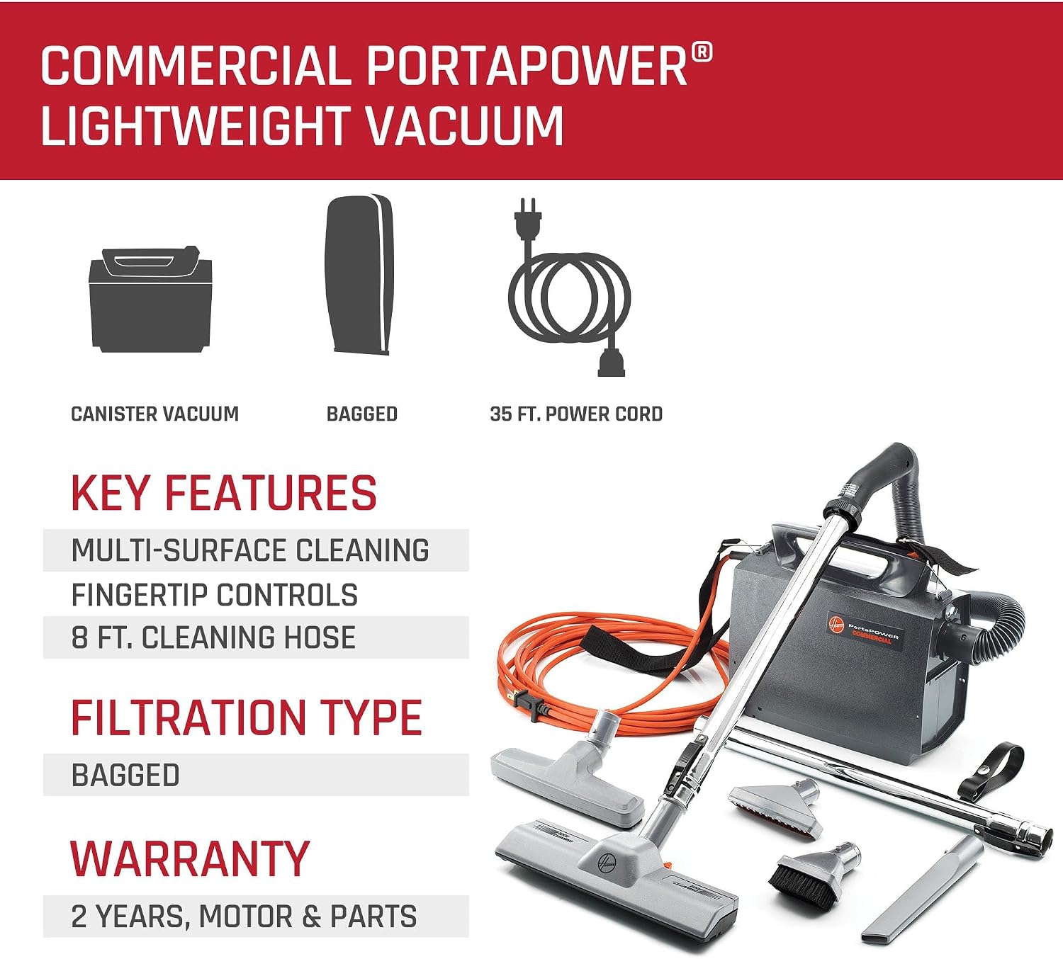 Hoover Commercial PortaPower Lightweight Canister Vacuum Cleaner, Bagged Canister Vac with Attachments, 2-in-1 Vac and Blower, Corded Vacuum Cleaners for Commercial Use