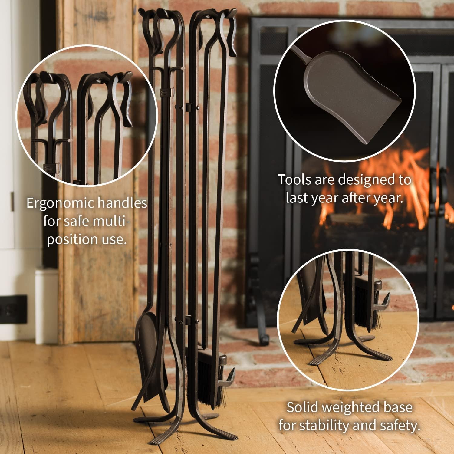 Plow & Hearth 5 Piece Hand Forged Iron Compact Fireplace Tool Set 32.5' | Black Wrought Iron Handle for Outdoor Indoor | Stand Poker Shovel Brush Log Tongs Wood Stove Accessory
