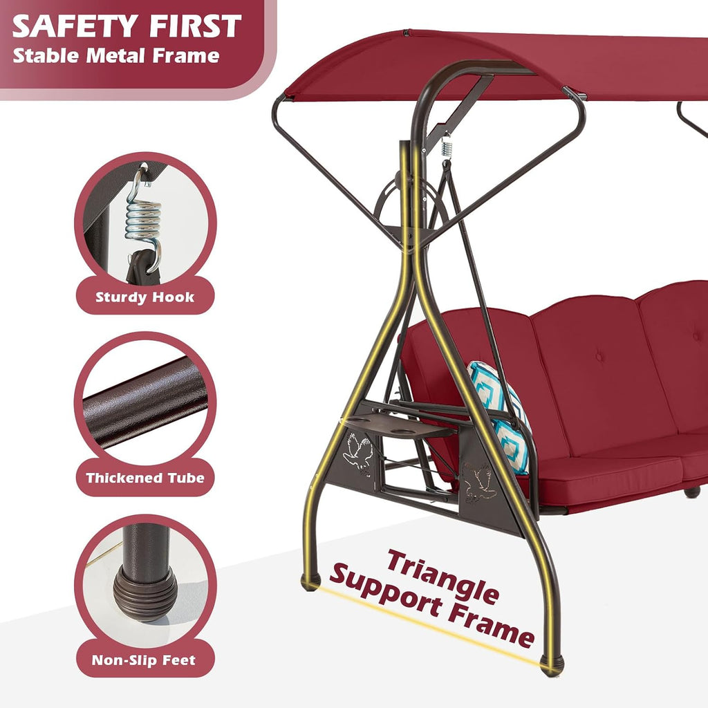ZZW 800LBS Patio Swing with Canopy 3 Seat Outdoor Porch Swing with Stand w/Cup Holder & Pillow Glider Chair Swing Bed for Patio Backyard Poolside (Red)