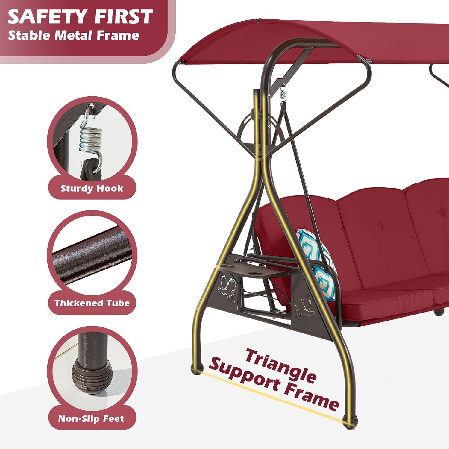 ZZW 800LBS Patio Swing with Canopy 3 Seat Outdoor Porch Swing with Stand w/Cup Holder & Pillow Glider Chair Swing Bed for Patio Backyard Poolside (Red)