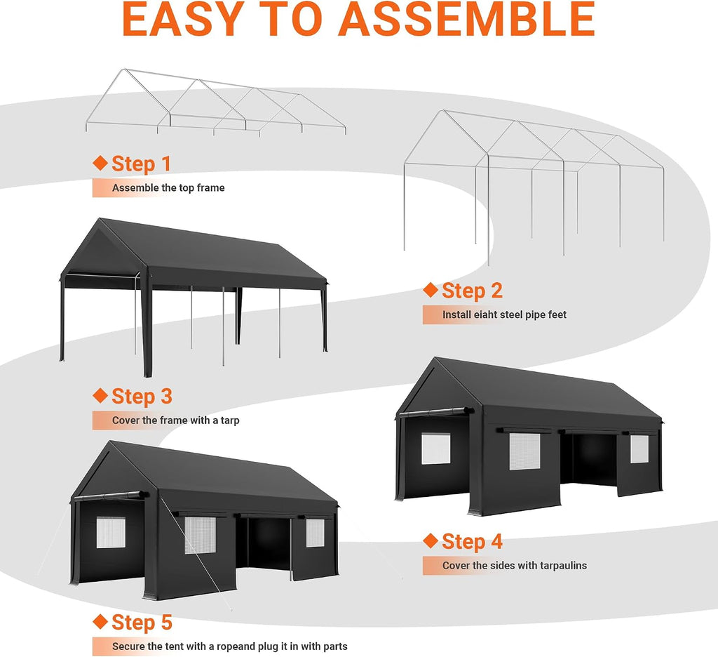 AirWire 12x20 FT Heavy Duty Carport, Portable Car Tent Garage with Roll-Up Windows & Side-Opening Door, Enclosed Car Port Canopy with Reinforced Four-Hole Base for Car, Truck, Boat