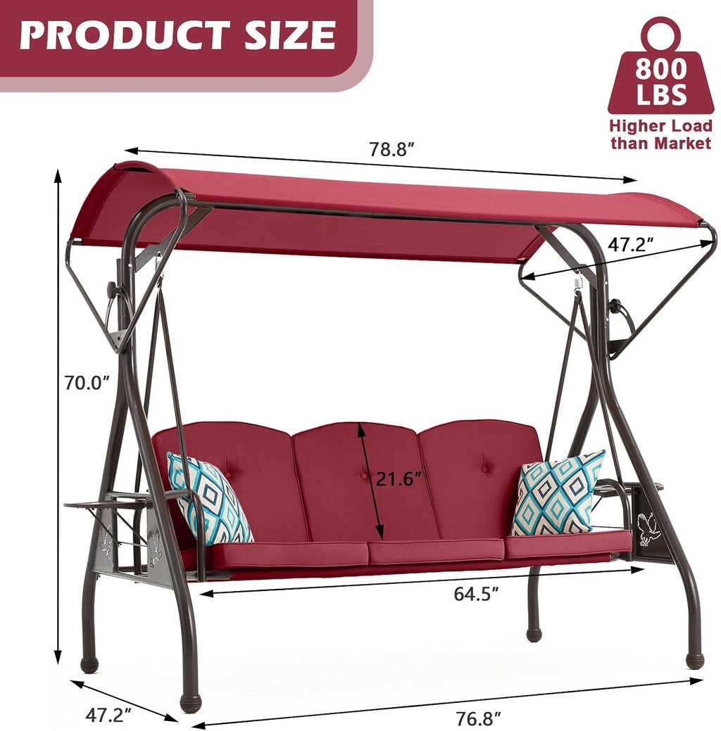 ZZW 800LBS Patio Swing with Canopy 3 Seat Outdoor Porch Swing with Stand w/Cup Holder & Pillow Glider Chair Swing Bed for Patio Backyard Poolside (Red)