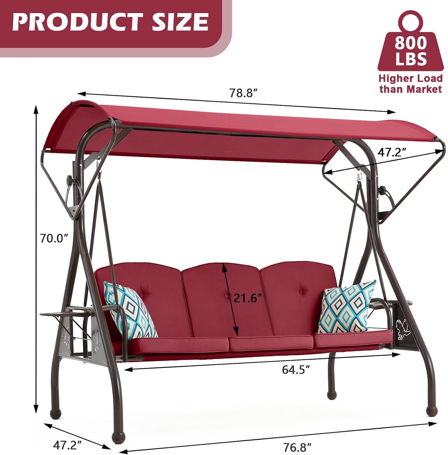 ZZW 800LBS Patio Swing with Canopy 3 Seat Outdoor Porch Swing with Stand w/Cup Holder & Pillow Glider Chair Swing Bed for Patio Backyard Poolside (Red)