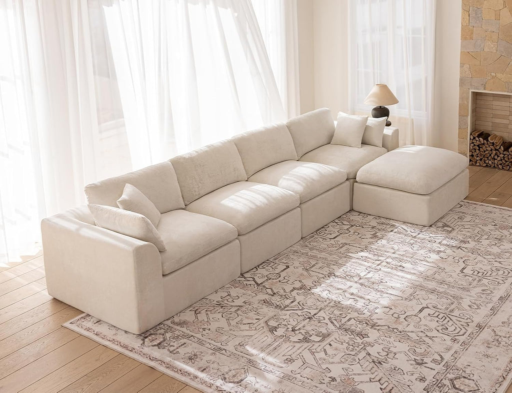 Large Modular Sectional Sofa, Modern Cloud Sectional Couch with Deep Seat, L-Shape Boneless Couch for Living Room, No Assembly Required, Warm White(4 Seater + 1 Ottoman)