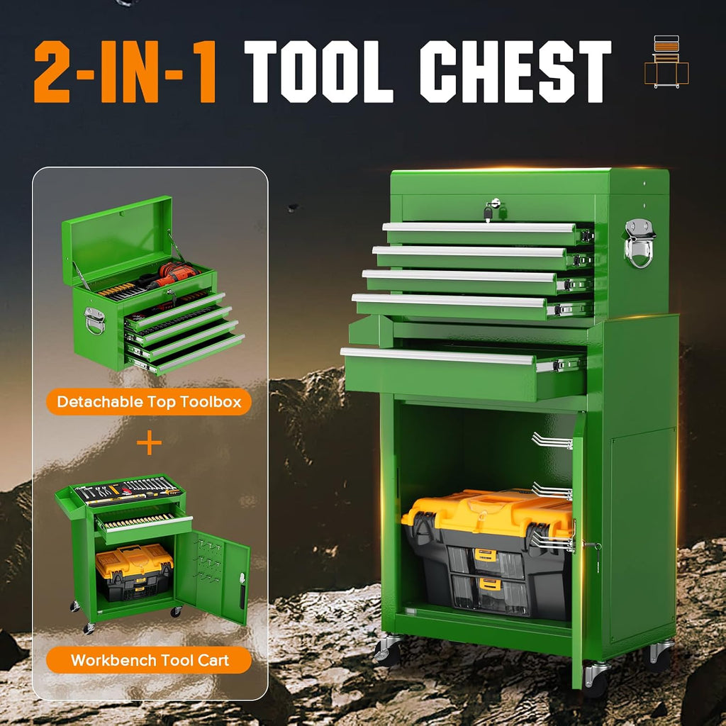 Crownland 5-Drawer Rolling Tool Chest with Wheels, Lockable 2 in 1 Detachable Tool Cabinet wit Drawers and Black Liners, Garage Top Toolbox & Bottom Storage Cart with Side Hooks(Green)