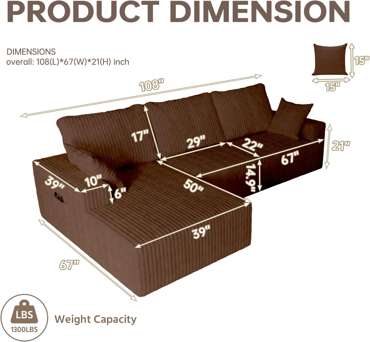 108' Brown Modular Sectional Cloud Couch for Living Room Deep Seat L Shapes Boneless Couch with Oversized Chaise Lounge, Comfy Memory Foam Flannel Fabric Sofa for Bedroom Apartment,