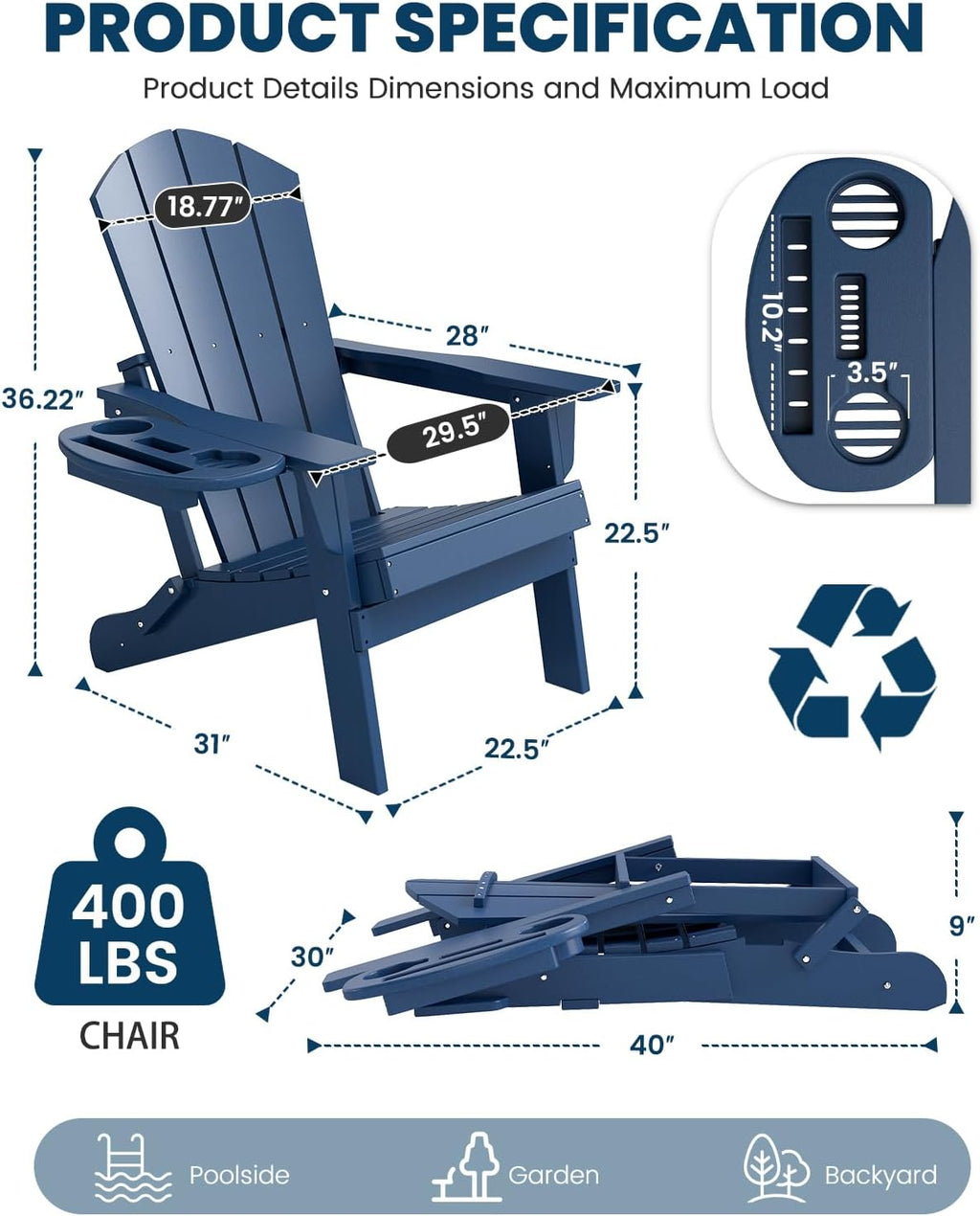 FOOWIN Folding Adirondack Chair, HDPE Adirondack Chairs with Cup Holder, Weather Resistant Plastic Fire Pit Chairs for Outdoor, Patio, Lawn, Garden, Backyard, Deck, Dark Blue