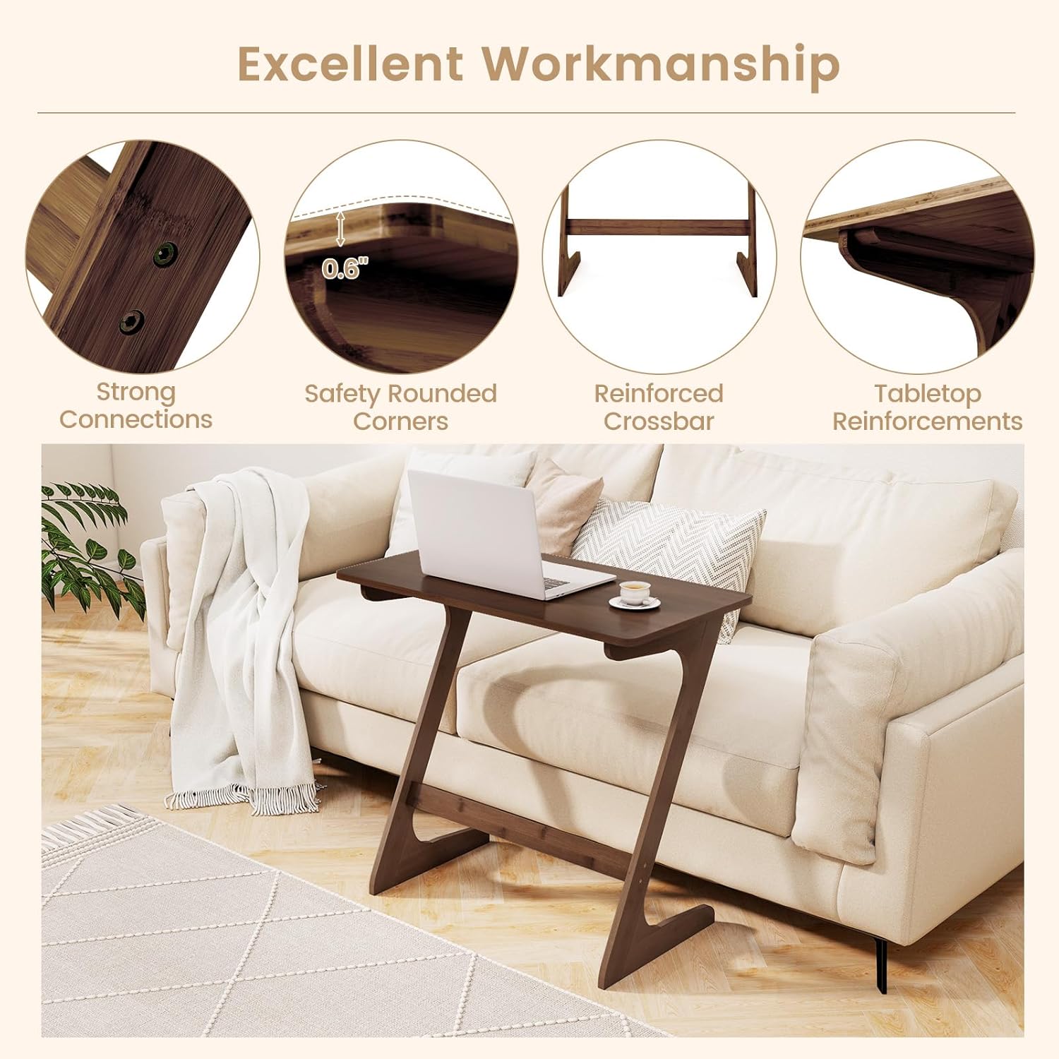 Giantex Bamboo TV Tray Table Set of 2, Z Shaped Sofa Couch Side Table for Eating Snacks Coffee Laptop, Modern TV Dinner Tables for Small Spaces, Small End Table for Living Room Bedroom, Walnut