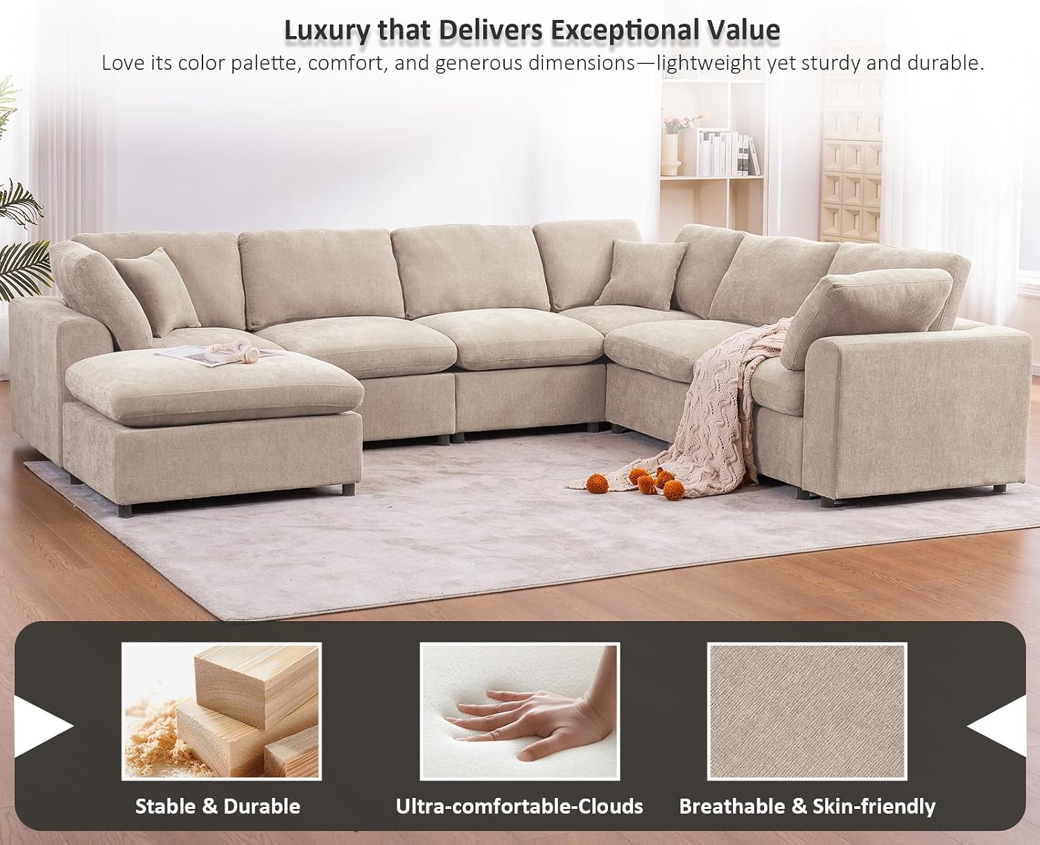Oversized Modular Sectional Sofa Couch, Large 7 Seater Corner Sofa Modern U Shaped Sectional Couch with Ottoman Cloud Couches for Living Room, Office, Spacious Space