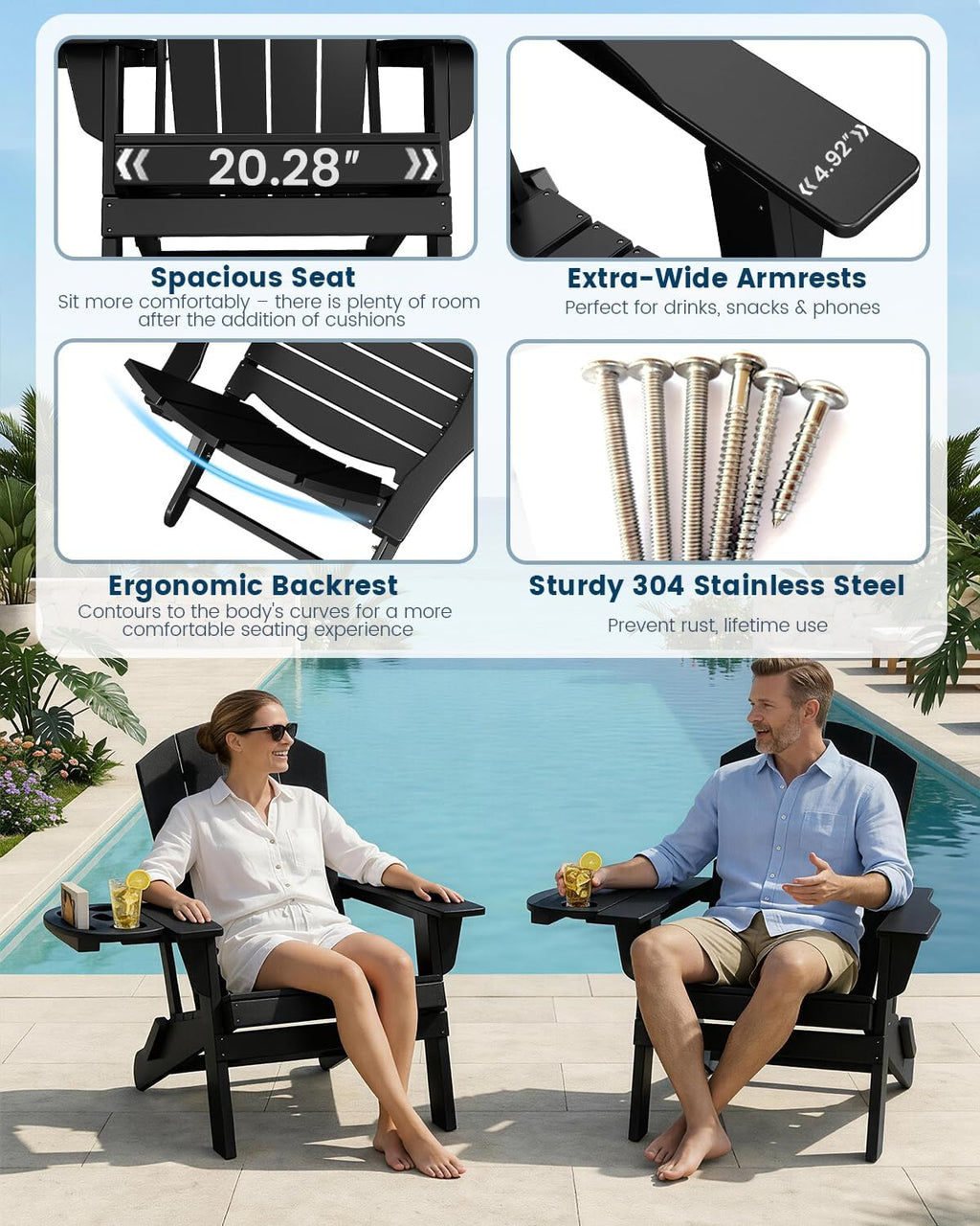 FOOWIN Folding Adirondack Chair, HDPE Adirondack Chairs with Cup Holder, Weather Resistant Plastic Fire Pit Chairs for Outdoor, Patio, Lawn, Garden, Backyard, Deck, Black