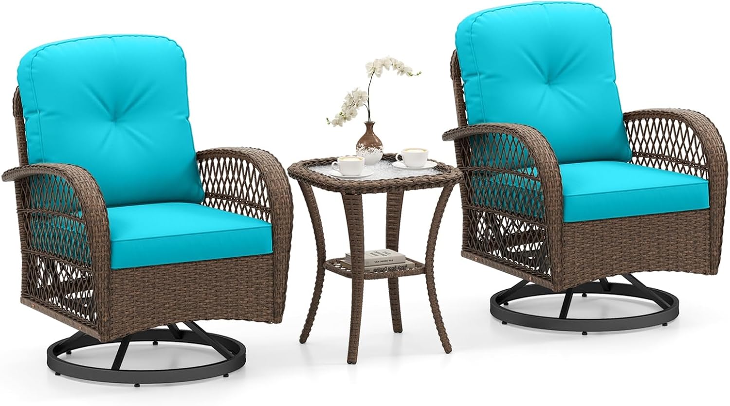 ORALNER 3 Pieces Wicker 360° Swivel Rocker Set Patio Furniture, Rocking Chairs with Cushions, Tempered Glass Coffee Table, Outdoor Rattan Bistro Set for Balcony Front Porch Deck Poolside (Turquoise)