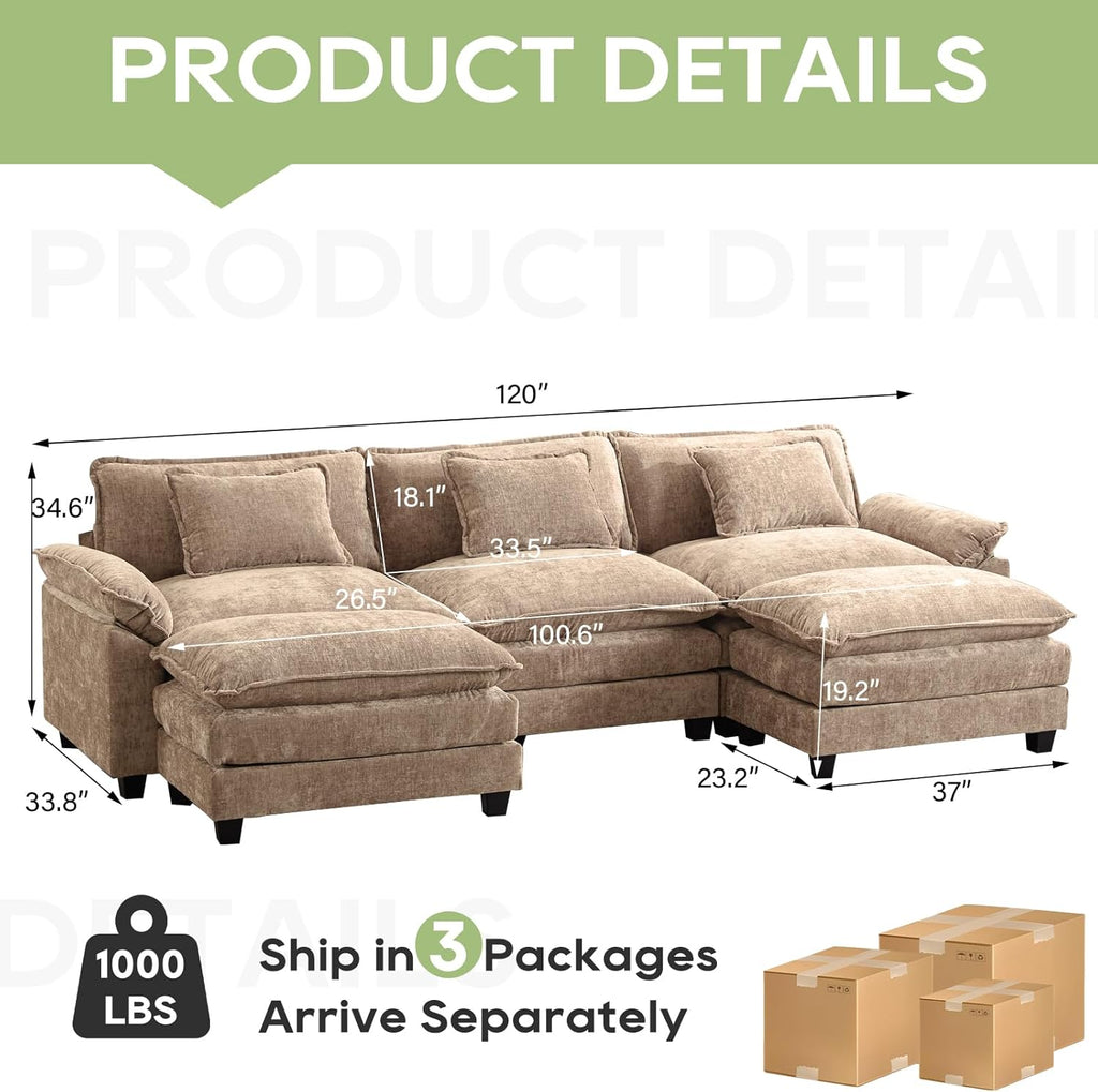 Oprisen 120' Modular Sectional Sofa, Comfy Cloud Couch Sectional Sofa with Ottoman, Chenille Sofa Sleeper Deep Seat Sofa with Throw Pillows for Living Room (Khaki, 120'- U Shape)
