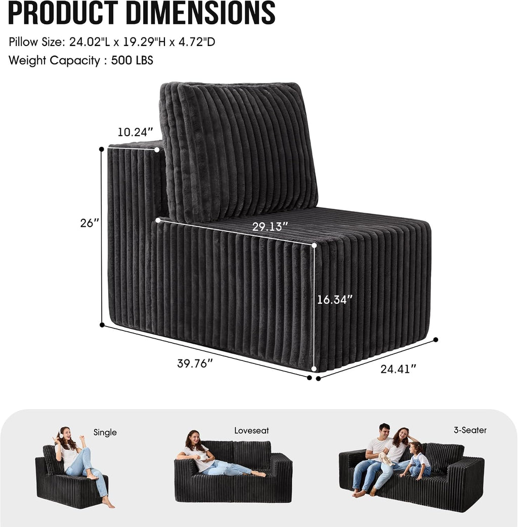 Single Sofa 1 Seat Couch with Deep Seat Memory Foam Cloud Chair with Pillows Large Sofa with L Shape for Living Room Bedroom (Strip Grey, Single)