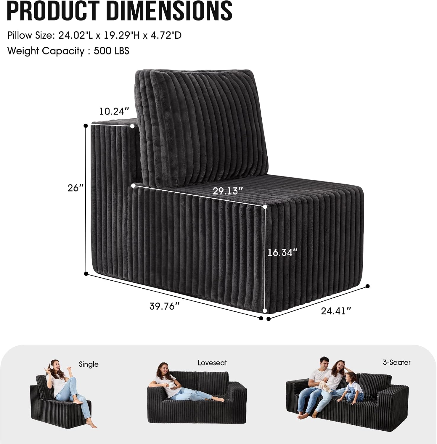 Single Sofa 1 Seat Couch with Deep Seat Memory Foam Cloud Chair with Pillows Large Sofa with L Shape for Living Room Bedroom (Strip Grey, Single)