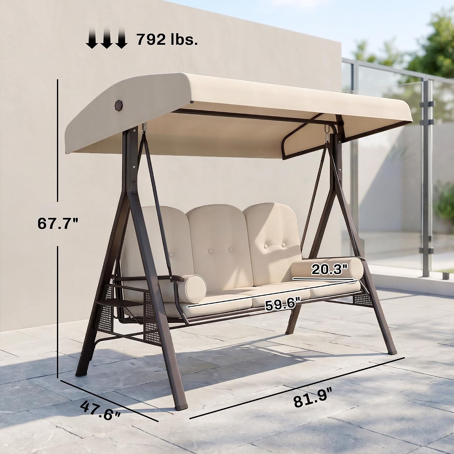 Outsunny 3-Seat Patio Swing Chair, Outdoor Porch Swing Glider with Adjustable Canopy, Removable Cushion, Pillows and Side Trays, for Garden, Poolside, Backyard, Beige