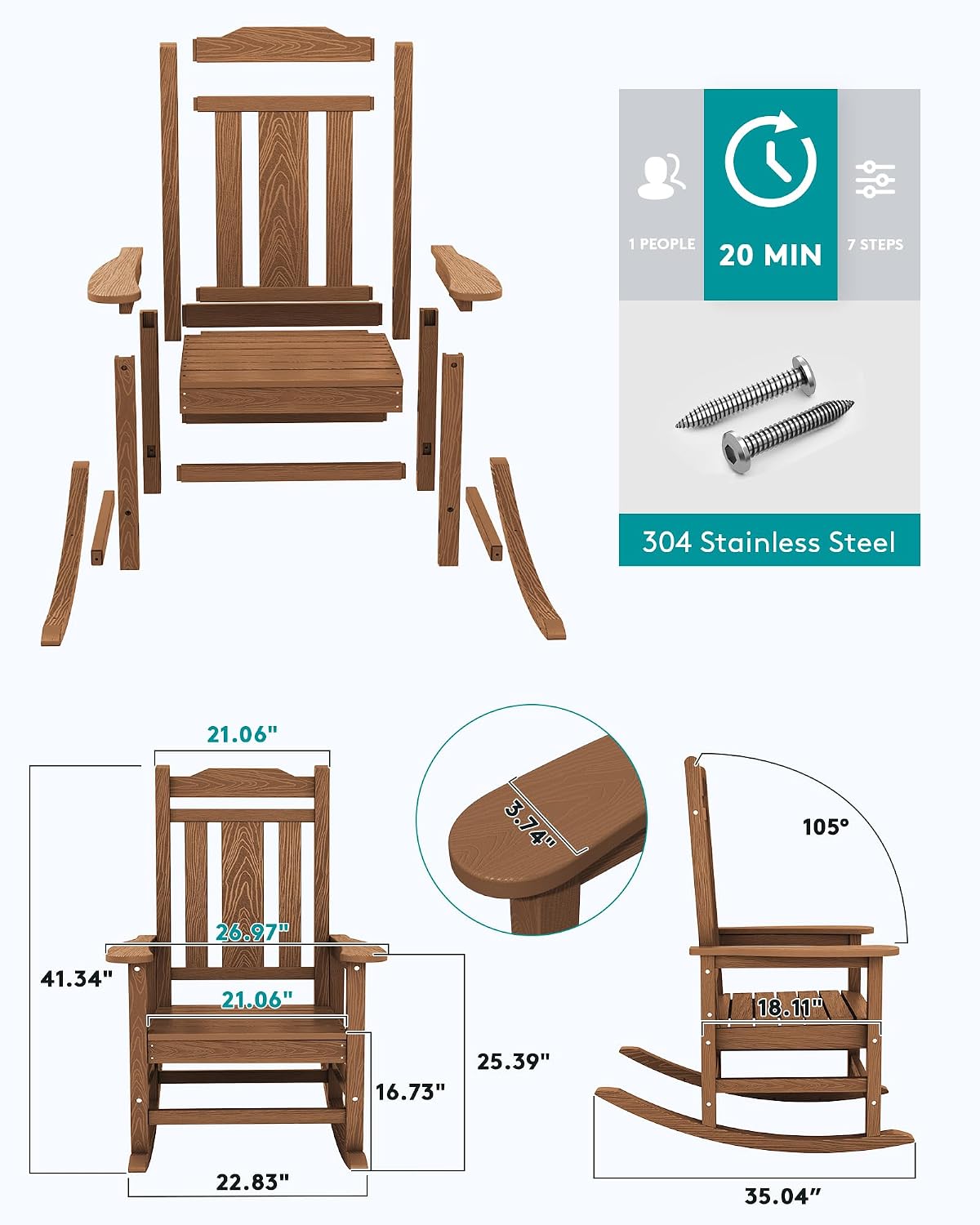 SERWALL Oversized Rocking Chair Set of 2 Outdoor, HDPE Outdoor Rocking Chair Set of 2, Brown
