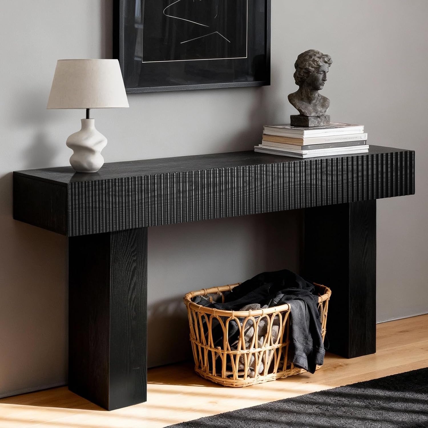 ZYBT 56' Long Fluted Console Table, Boho Vanity Desk Wooden Narrow Sofa Table Behind The Couch, Farmhouse Entryway Table for Entrance, Hallway,Living Room,Bedroom, Home Office Black